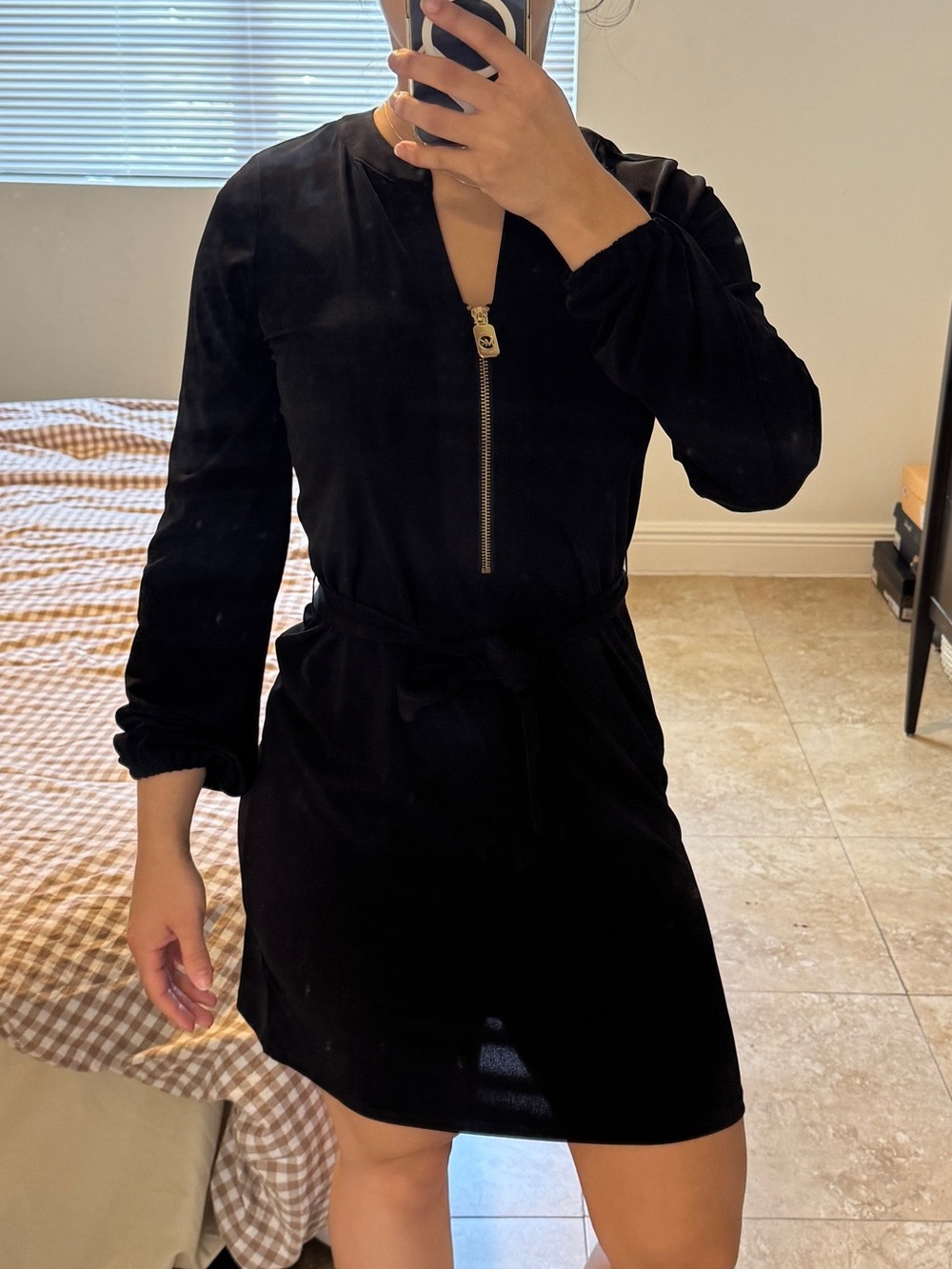 NWT Michael Kors Black Zip Front Belted Dress XS Gold Hardware